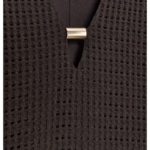 Zara NWT black open weave V-neck midi dress long sleeve gold accents size XS - Picture 9 of 15